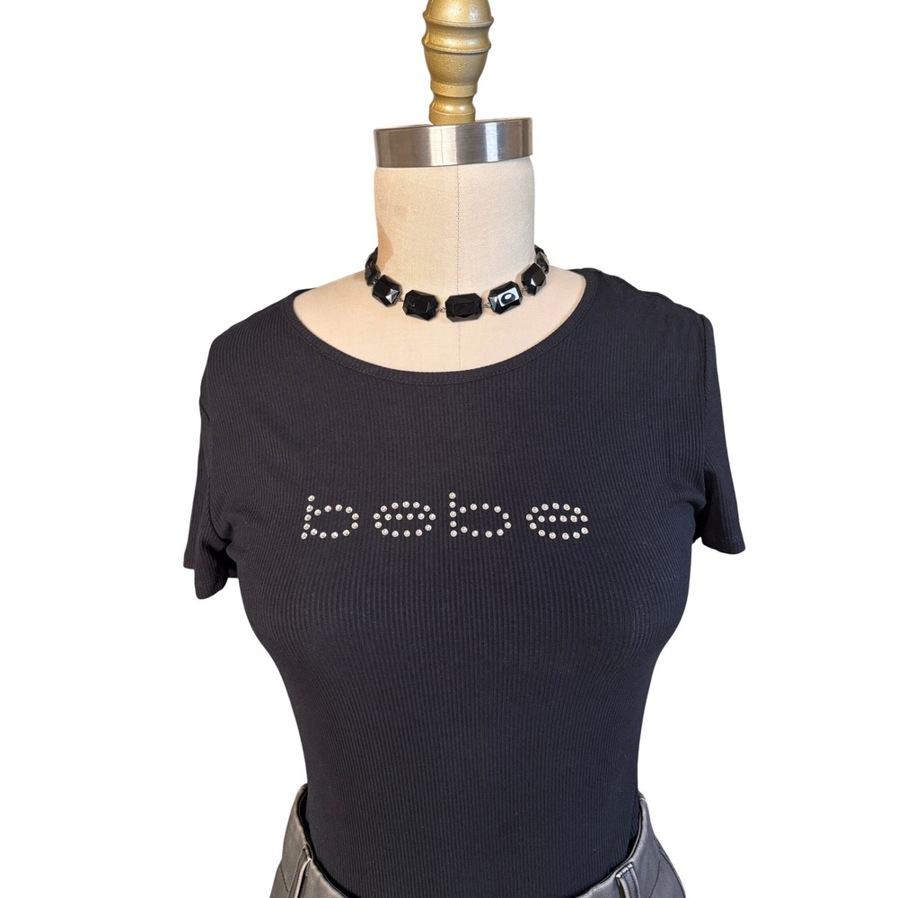 Rhinestone Logo Y2K Bebe Short Sleeve Ribbed Tee Medium Black Vintage